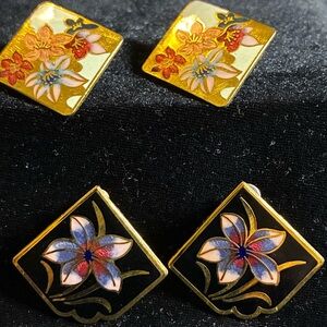 2 pair Vintage 1970-80s GIC Floral Cloisonné 
Goldtone Pierced Earrings